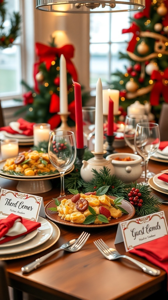 Christmas table with food labels and place cards in festive colors.